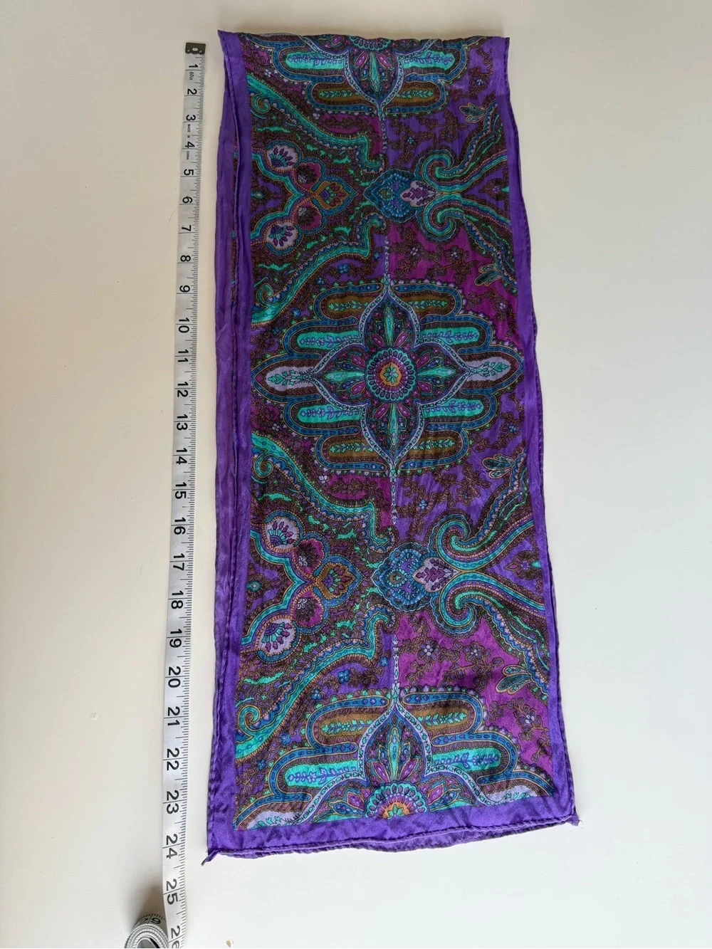 Vintage 70s Silk Scarf Purple Turquoise Paisley Boho Long Neck Scarf 48”